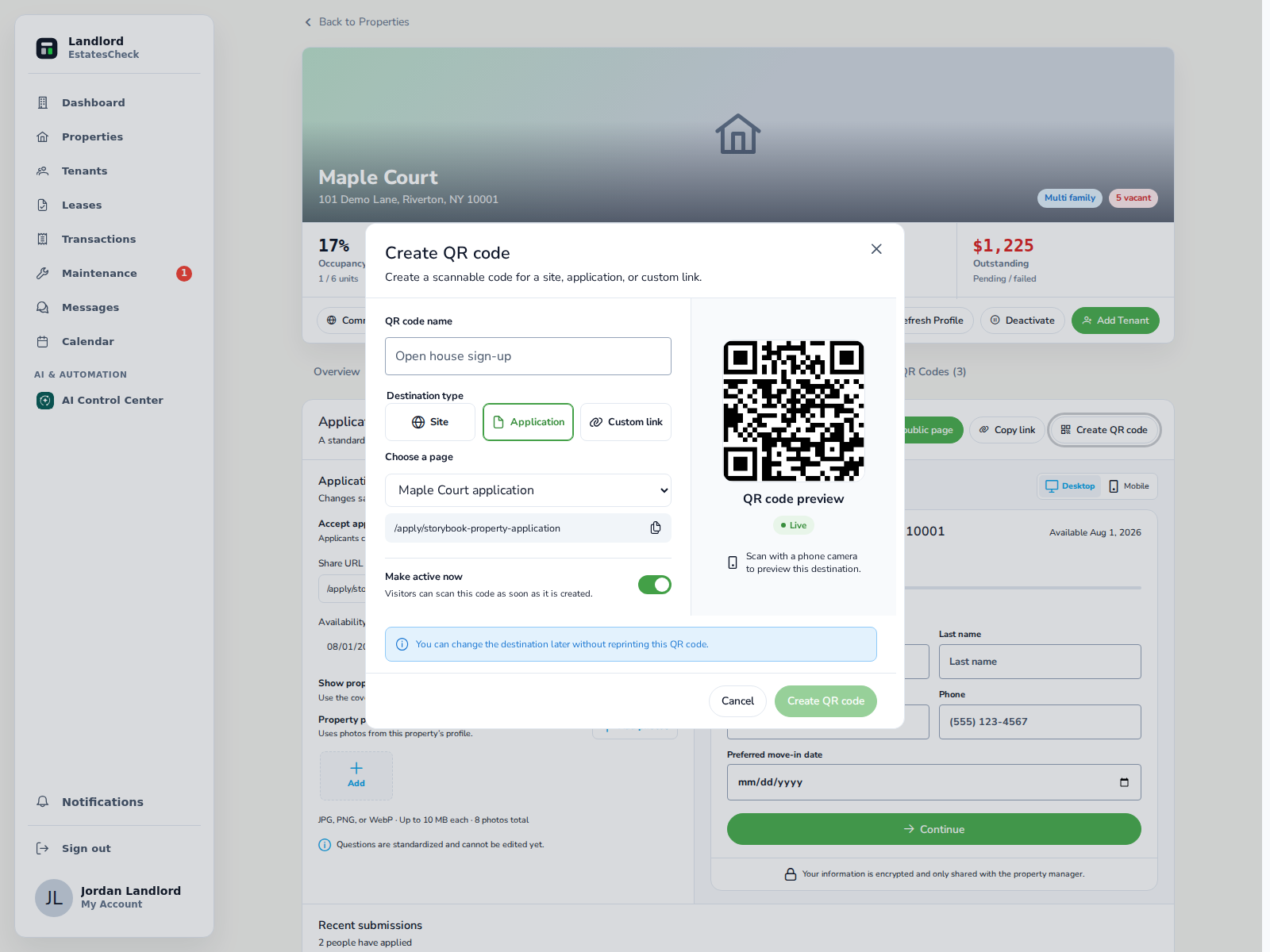 Create QR code dialog with the released Application destination selected for a fictional property