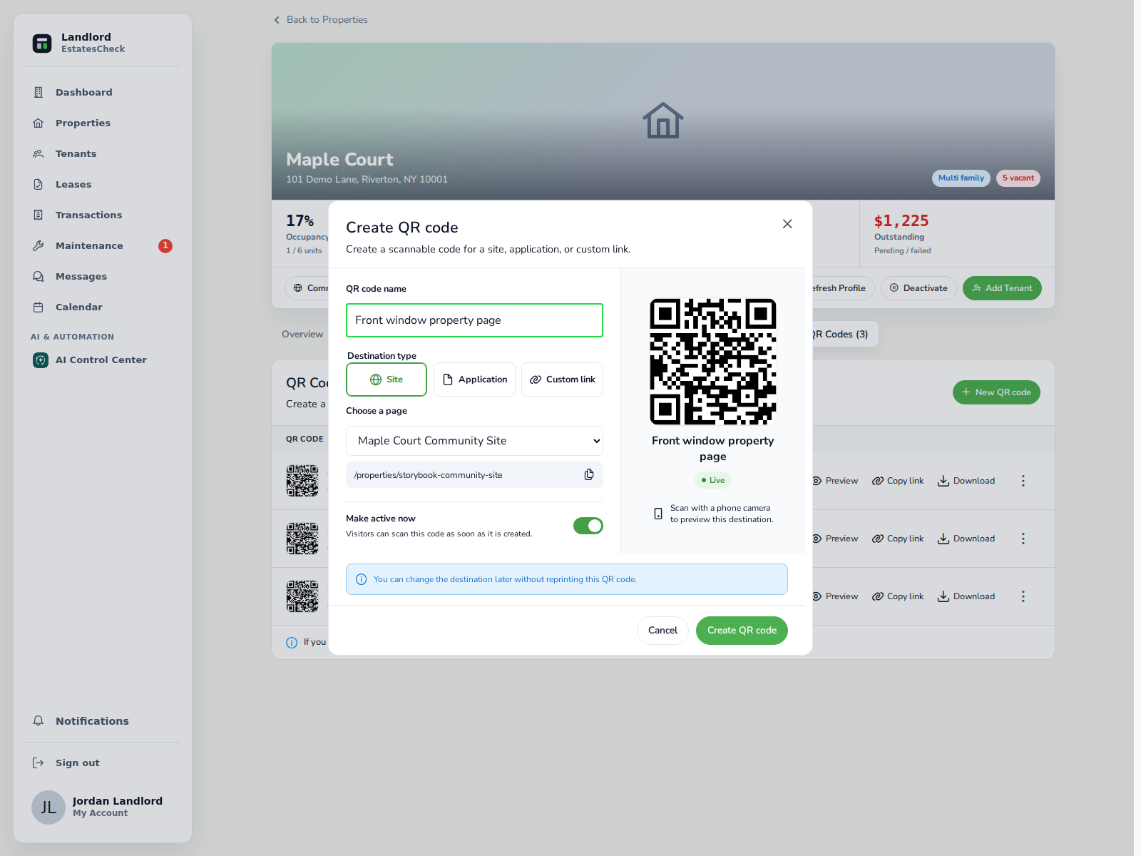 Create QR code dialog showing Site, Application, and Custom link destinations with a name field, active control, and preview