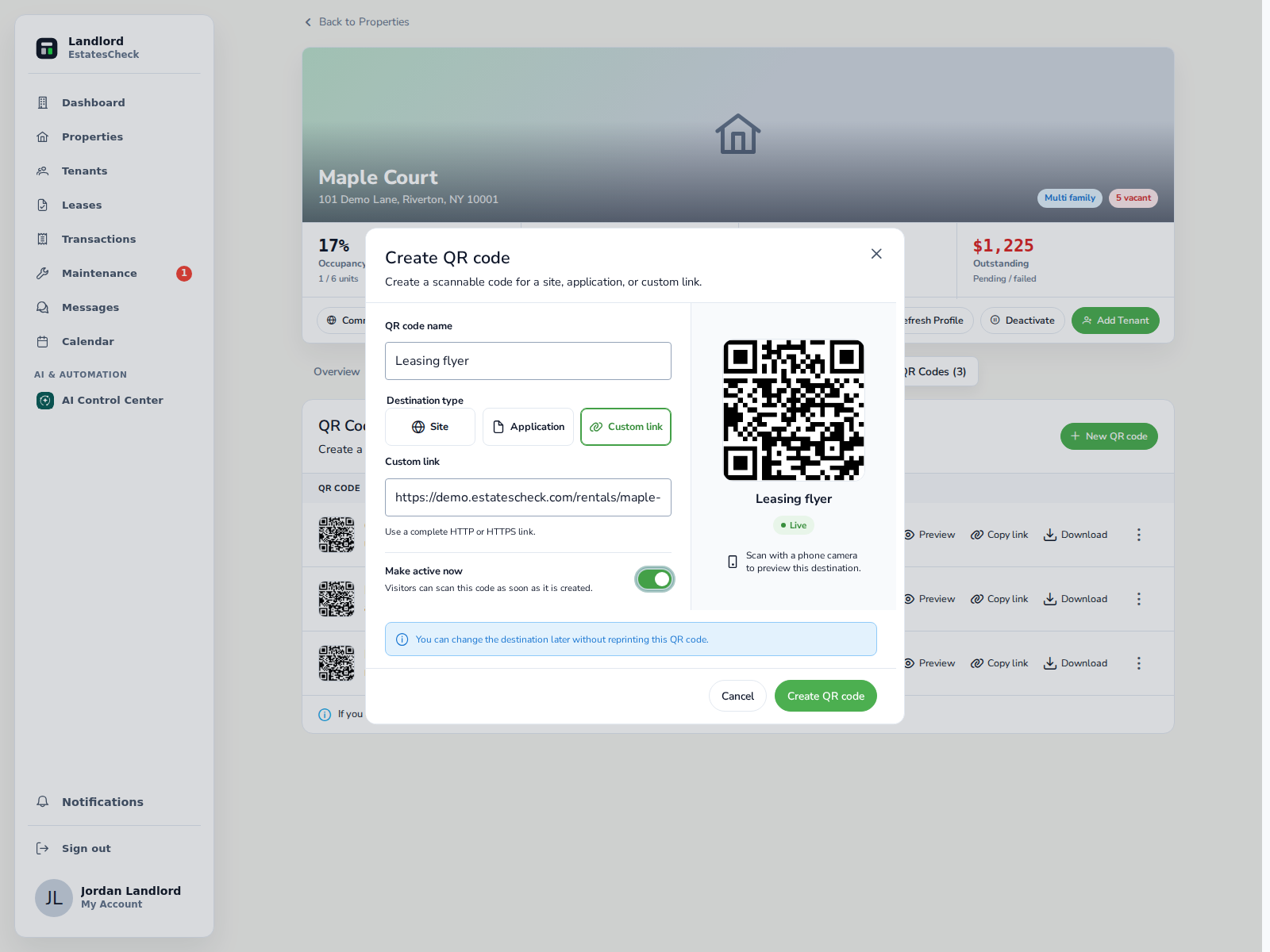 Custom link QR code workflow using a safe public example destination