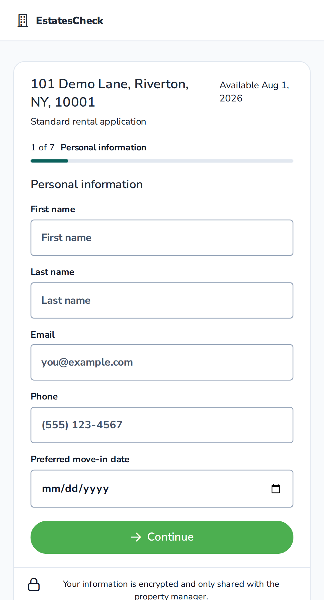 Fictional rental application page displayed on a phone-sized screen