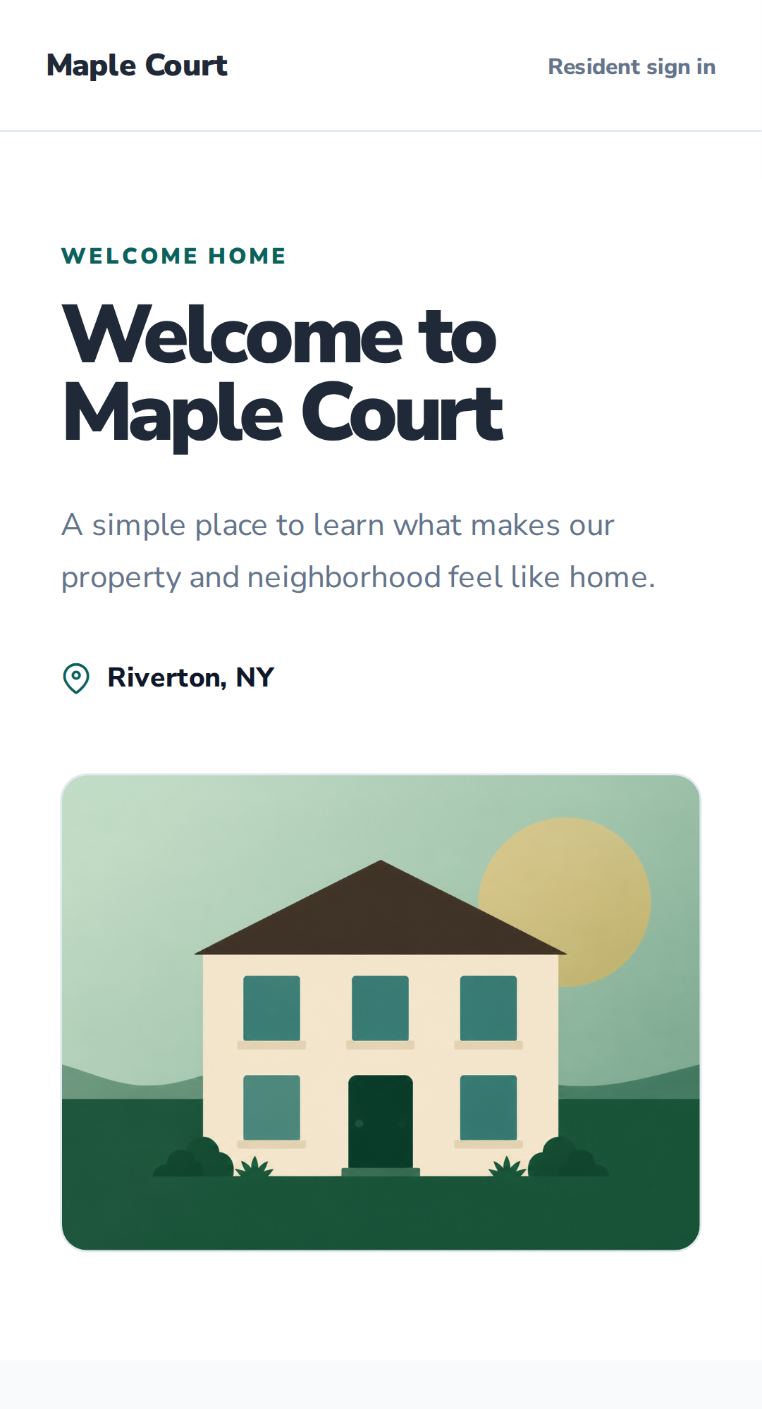 Fictional rental property Community Site displayed on a phone-sized screen